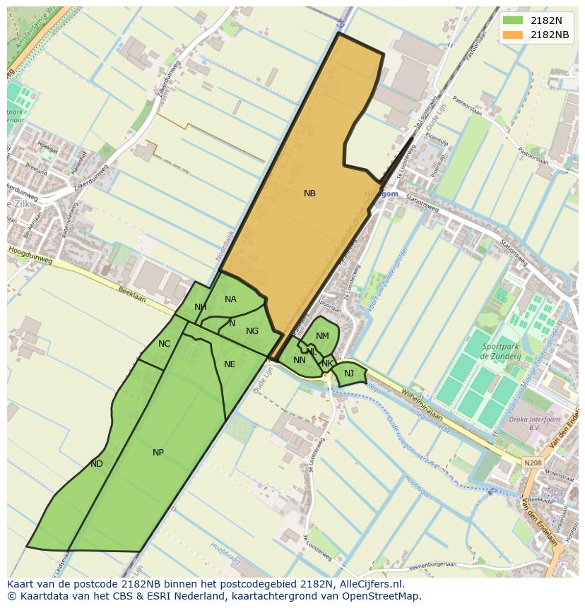 Afbeelding van het postcodegebied 2182 NB op de kaart.