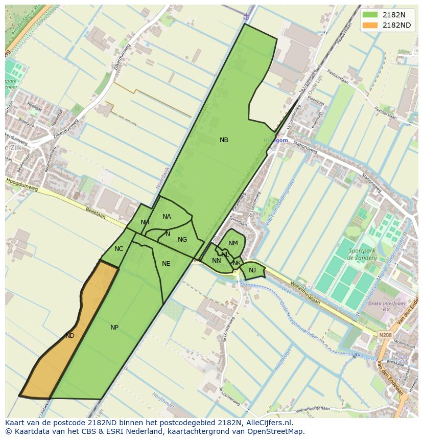 Afbeelding van het postcodegebied 2182 ND op de kaart.