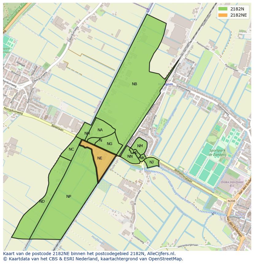 Afbeelding van het postcodegebied 2182 NE op de kaart.