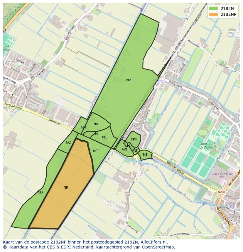 Afbeelding van het postcodegebied 2182 NP op de kaart.