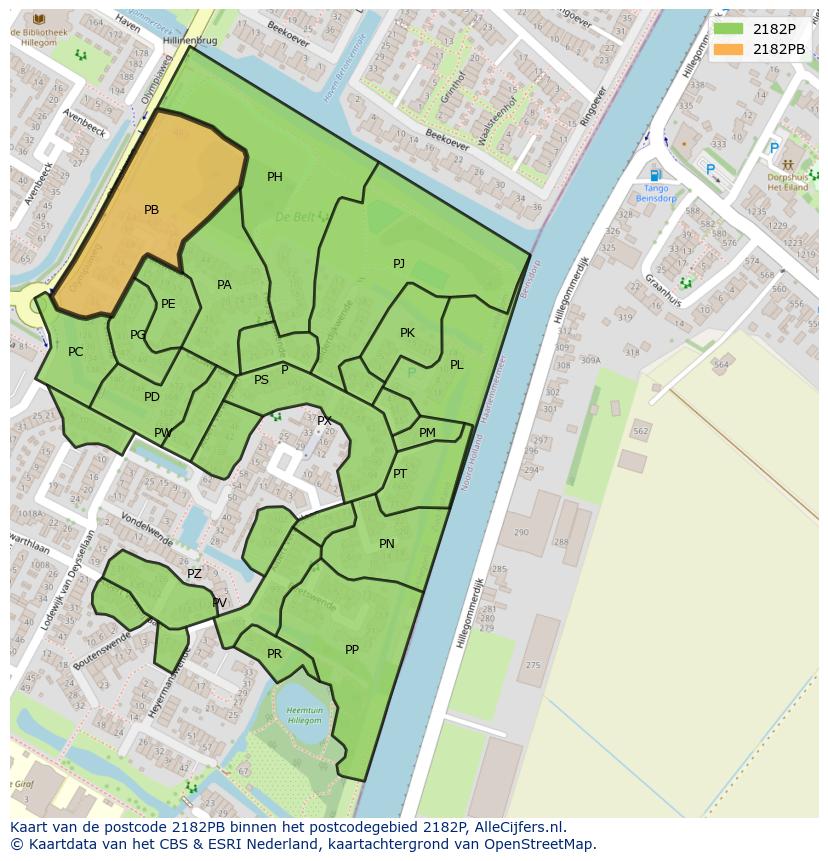 Afbeelding van het postcodegebied 2182 PB op de kaart.