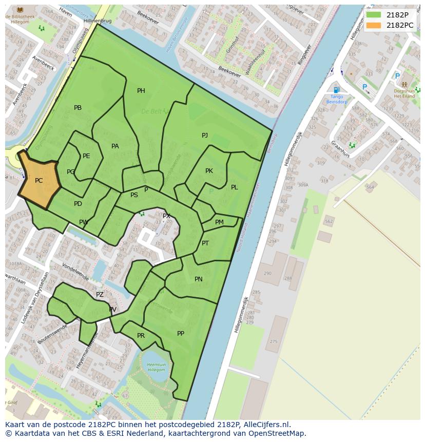 Afbeelding van het postcodegebied 2182 PC op de kaart.