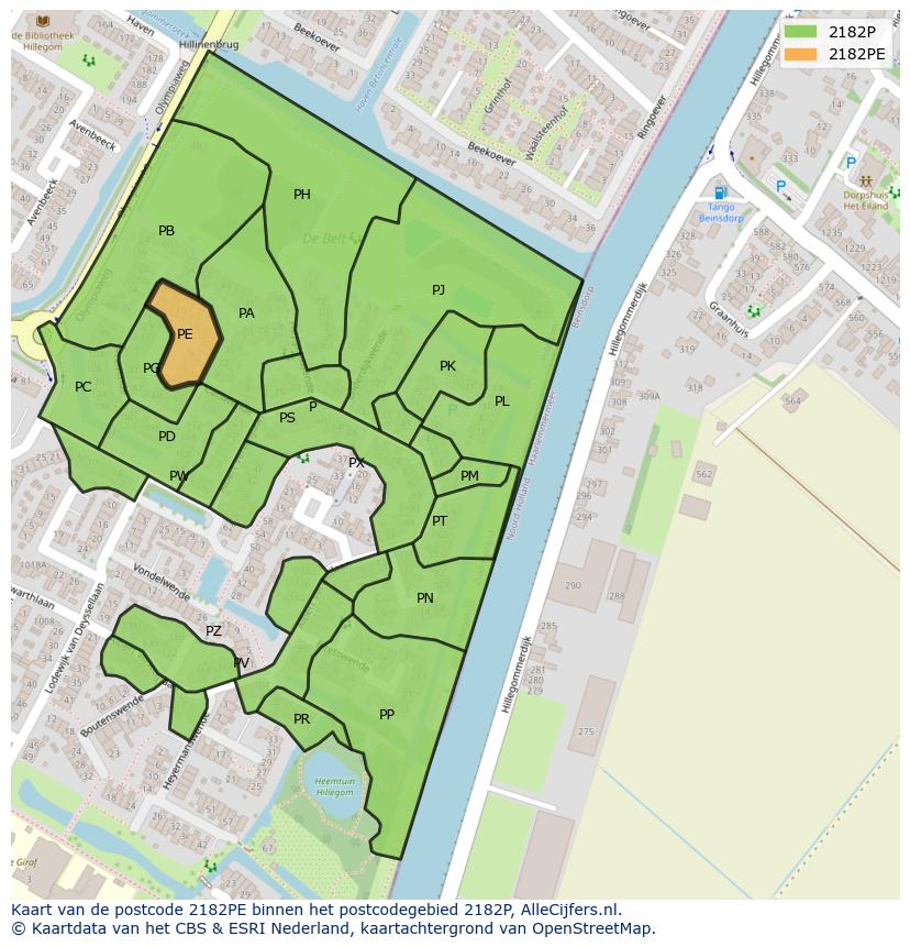 Afbeelding van het postcodegebied 2182 PE op de kaart.