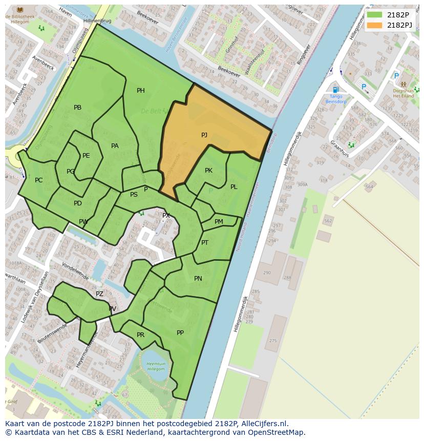 Afbeelding van het postcodegebied 2182 PJ op de kaart.