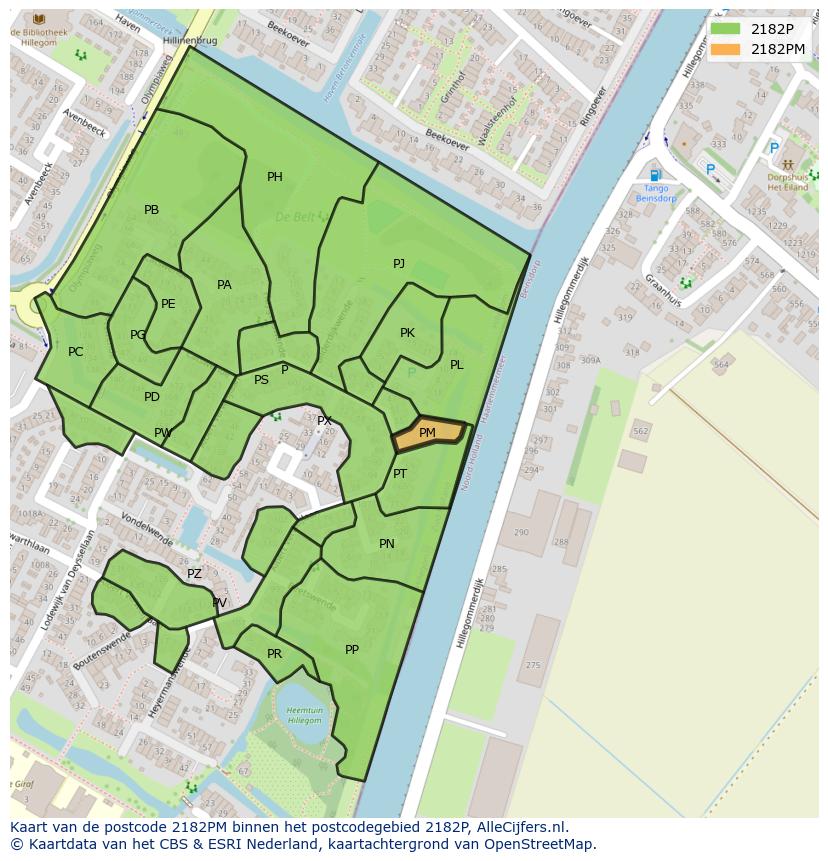Afbeelding van het postcodegebied 2182 PM op de kaart.