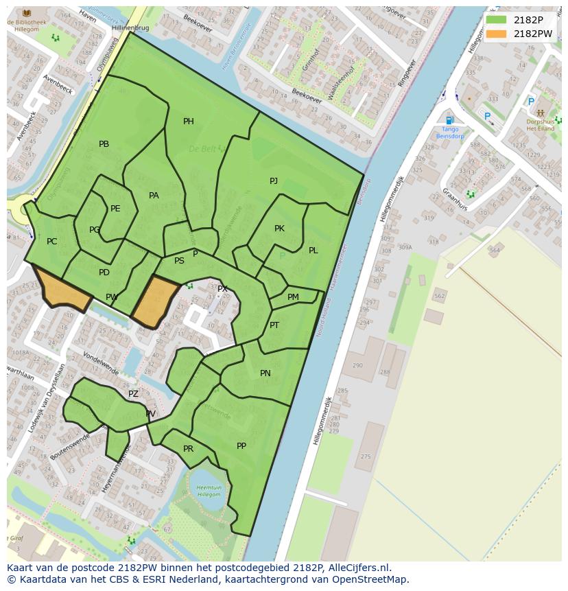 Afbeelding van het postcodegebied 2182 PW op de kaart.