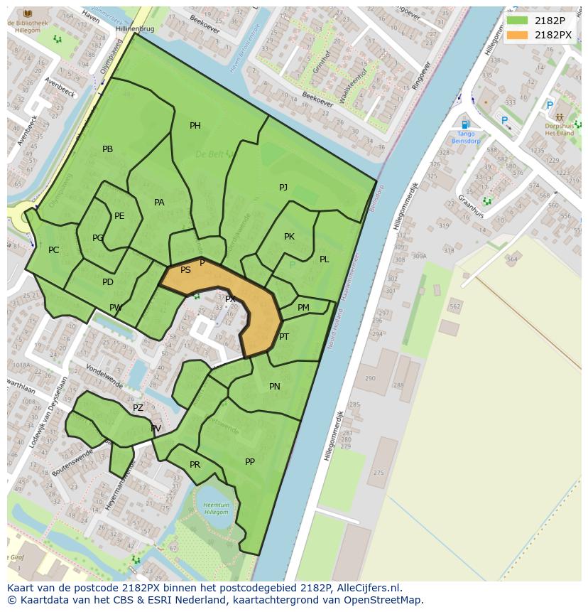 Afbeelding van het postcodegebied 2182 PX op de kaart.