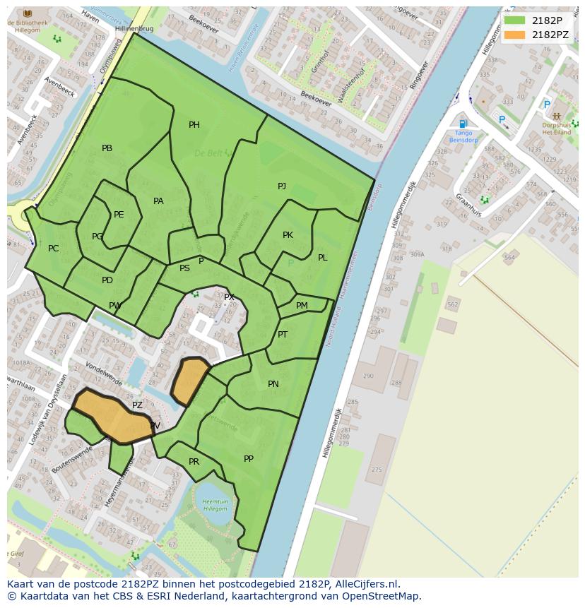 Afbeelding van het postcodegebied 2182 PZ op de kaart.