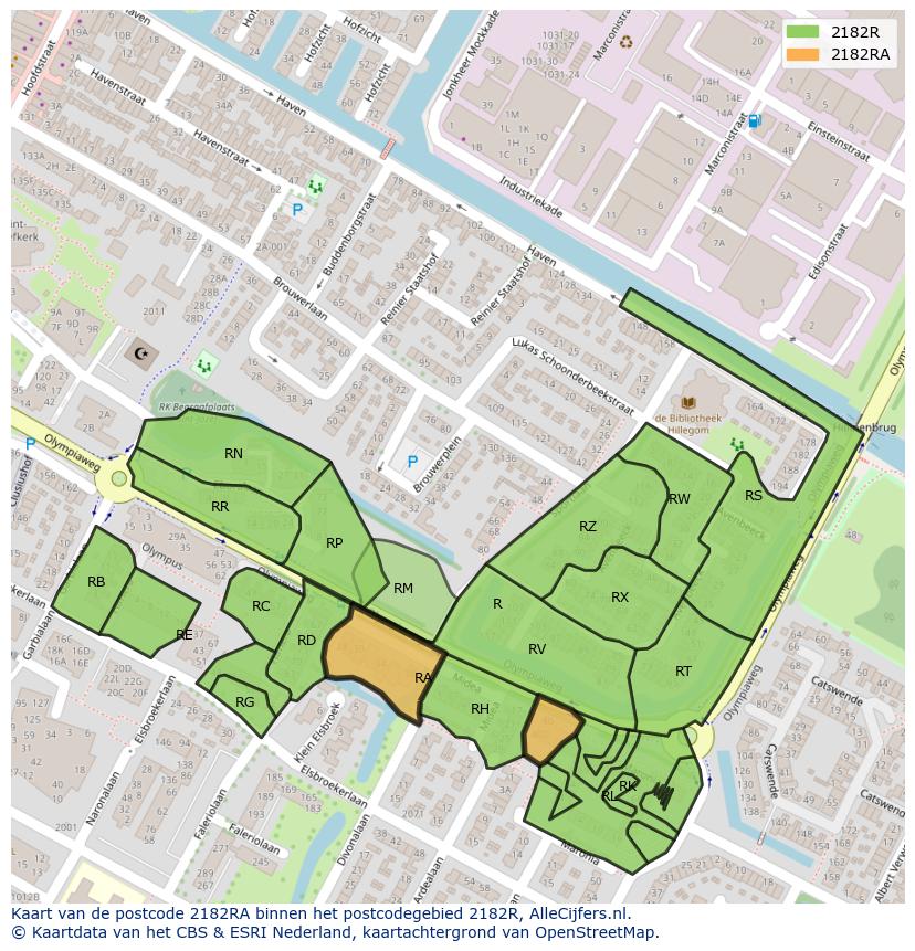 Afbeelding van het postcodegebied 2182 RA op de kaart.