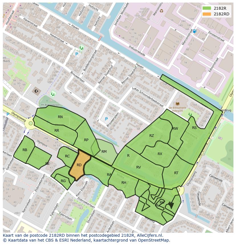 Afbeelding van het postcodegebied 2182 RD op de kaart.