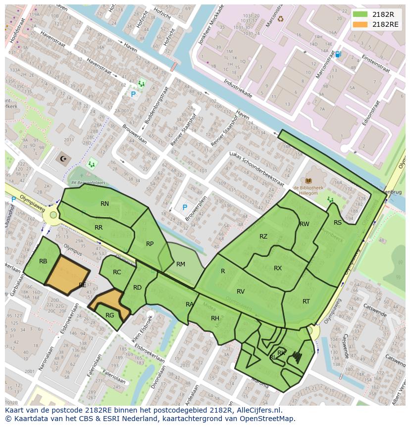 Afbeelding van het postcodegebied 2182 RE op de kaart.