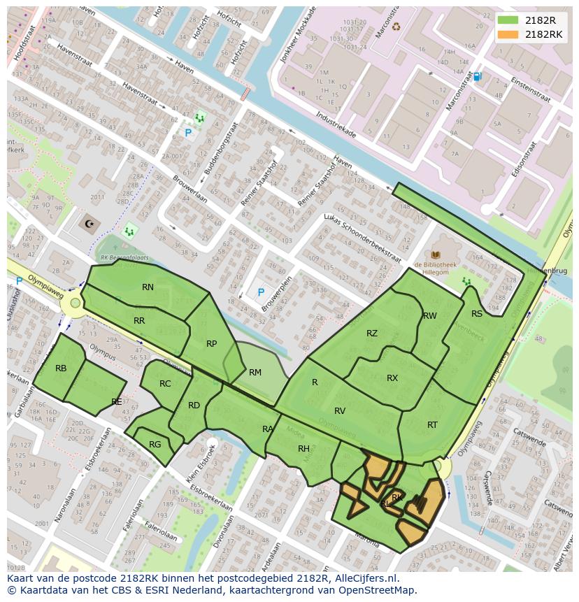 Afbeelding van het postcodegebied 2182 RK op de kaart.