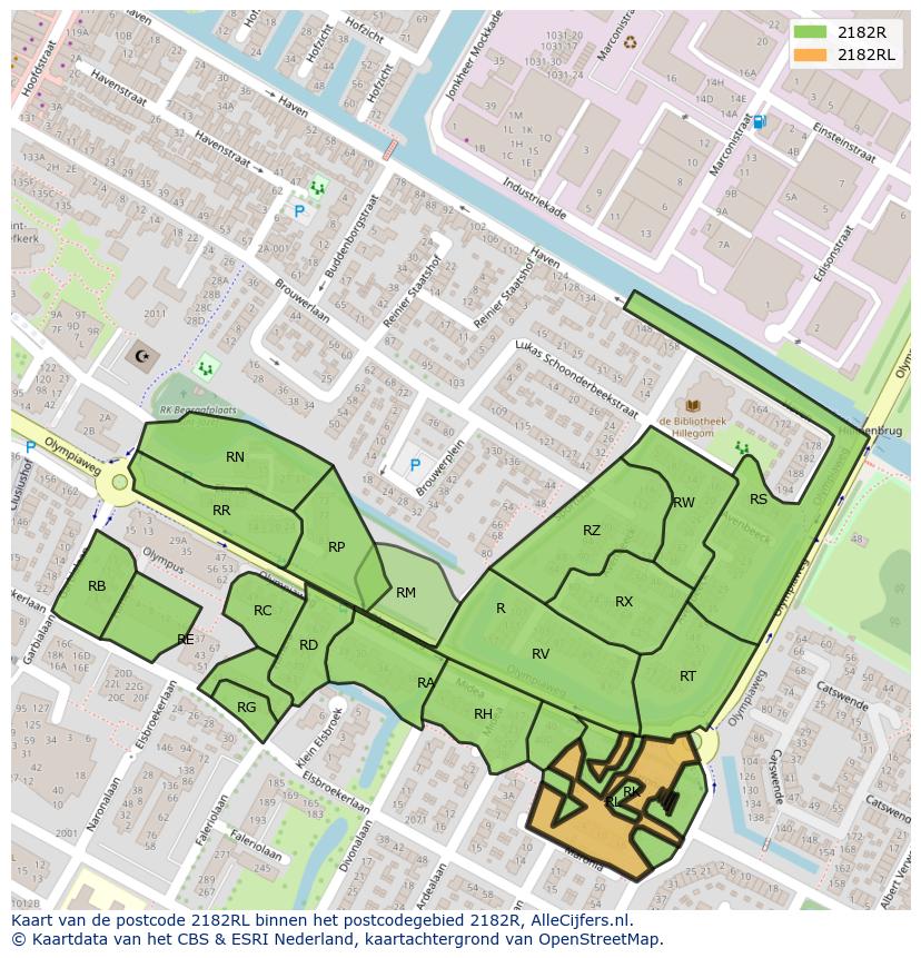 Afbeelding van het postcodegebied 2182 RL op de kaart.