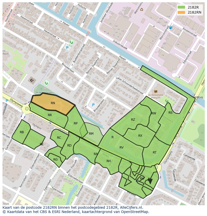 Afbeelding van het postcodegebied 2182 RN op de kaart.
