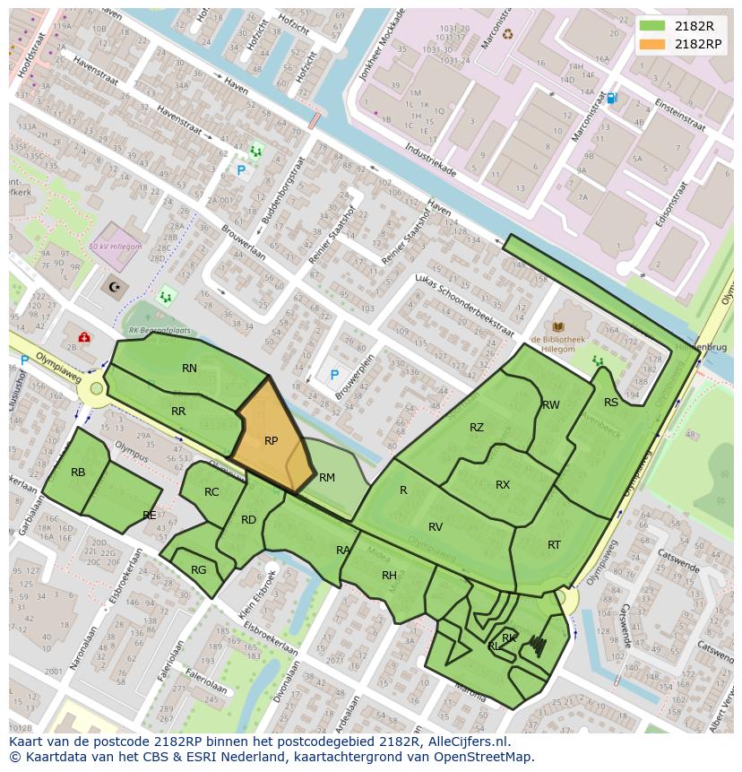 Afbeelding van het postcodegebied 2182 RP op de kaart.