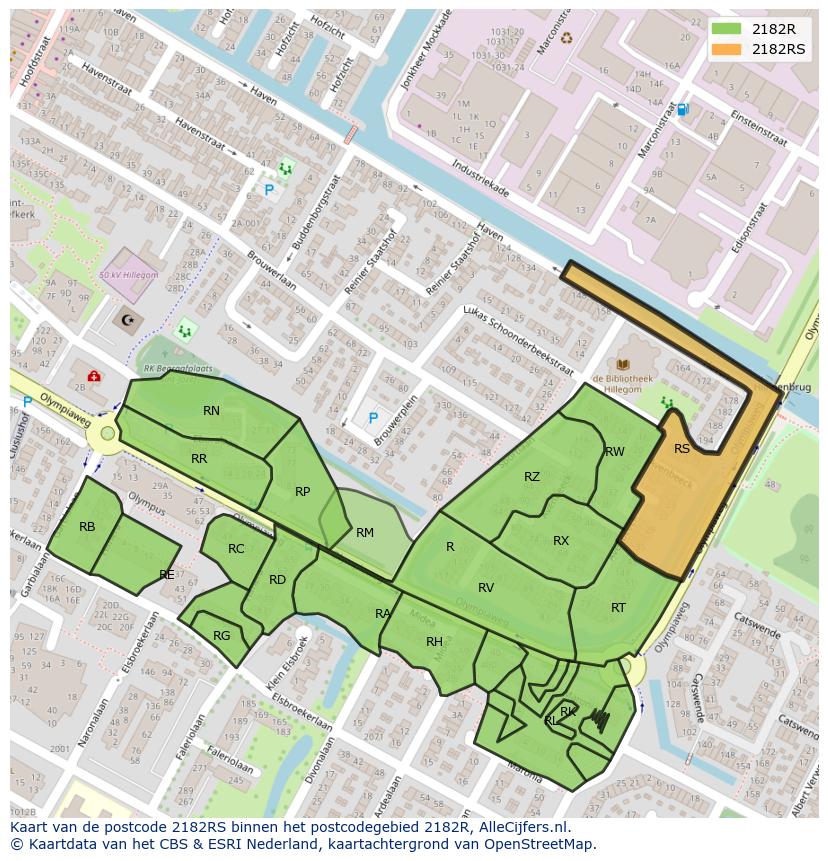 Afbeelding van het postcodegebied 2182 RS op de kaart.