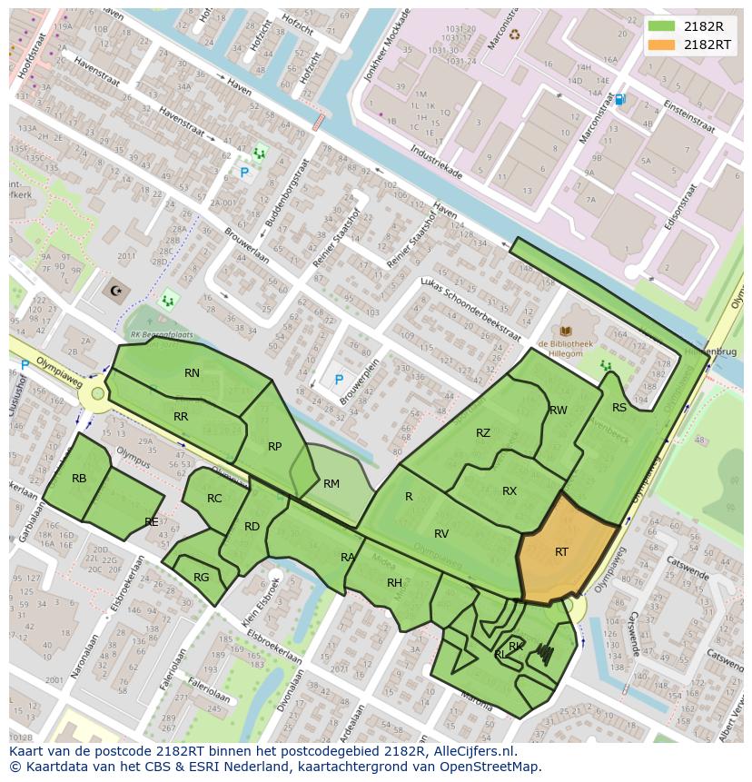 Afbeelding van het postcodegebied 2182 RT op de kaart.