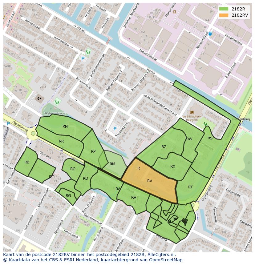 Afbeelding van het postcodegebied 2182 RV op de kaart.