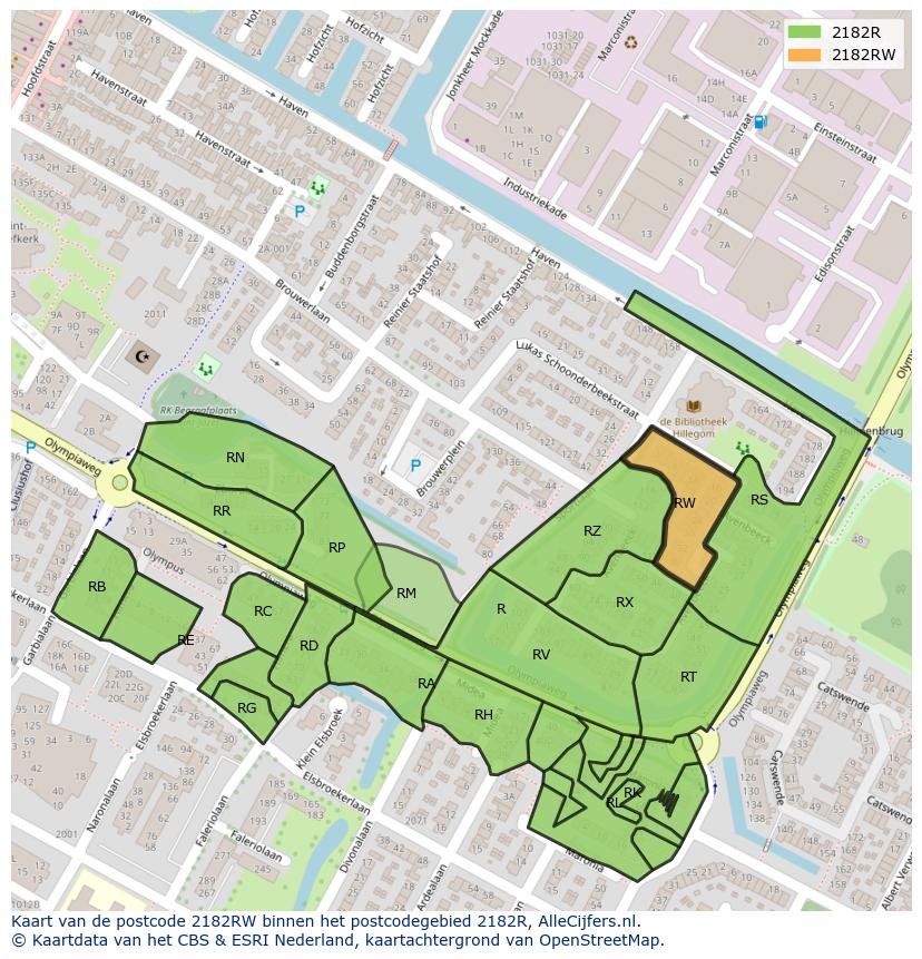 Afbeelding van het postcodegebied 2182 RW op de kaart.