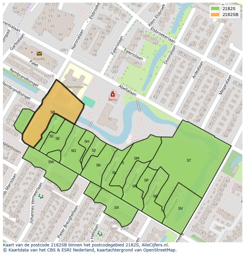Afbeelding van het postcodegebied 2182 SB op de kaart.