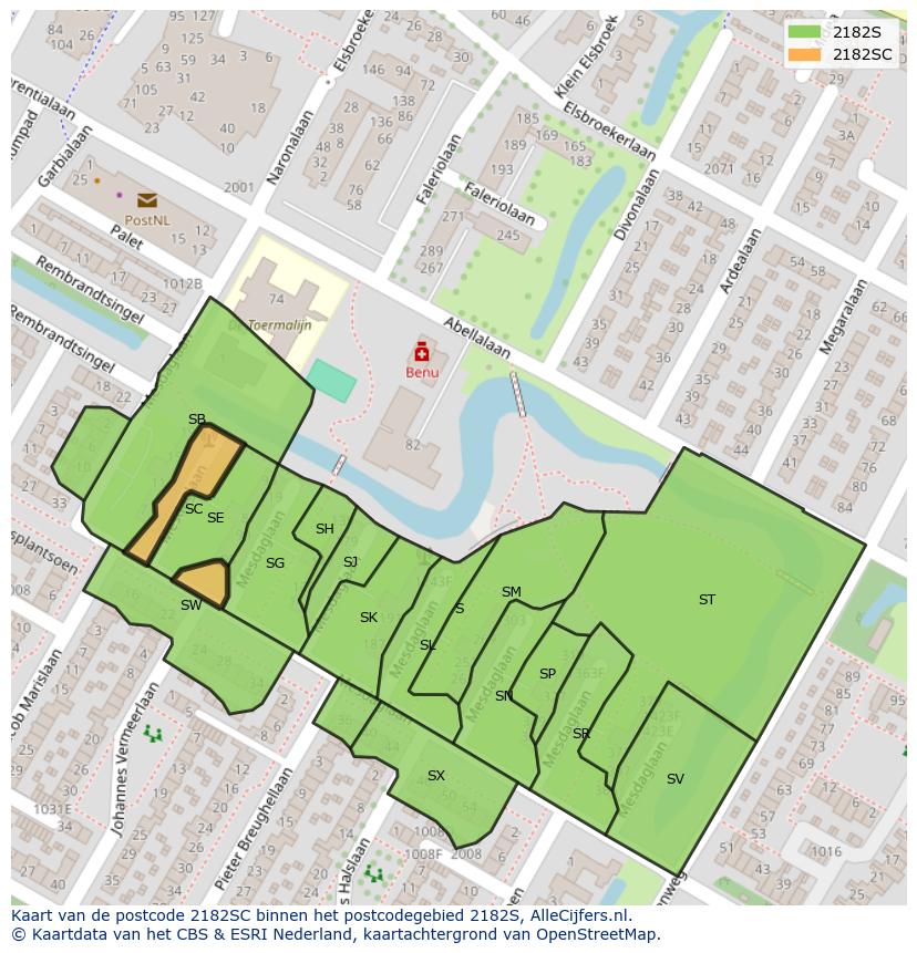 Afbeelding van het postcodegebied 2182 SC op de kaart.