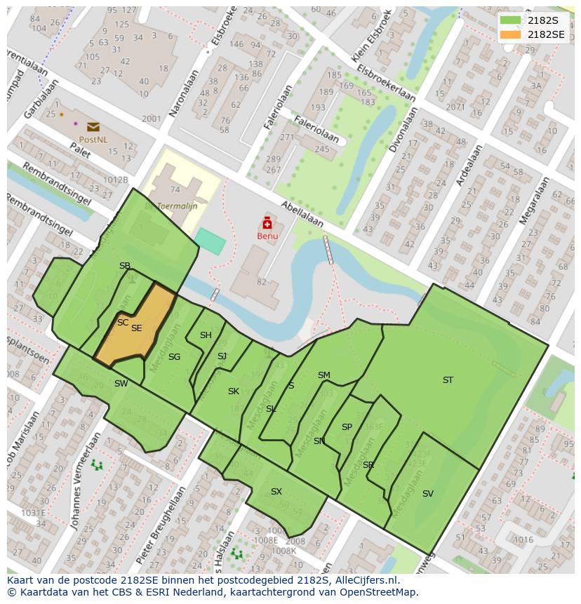 Afbeelding van het postcodegebied 2182 SE op de kaart.