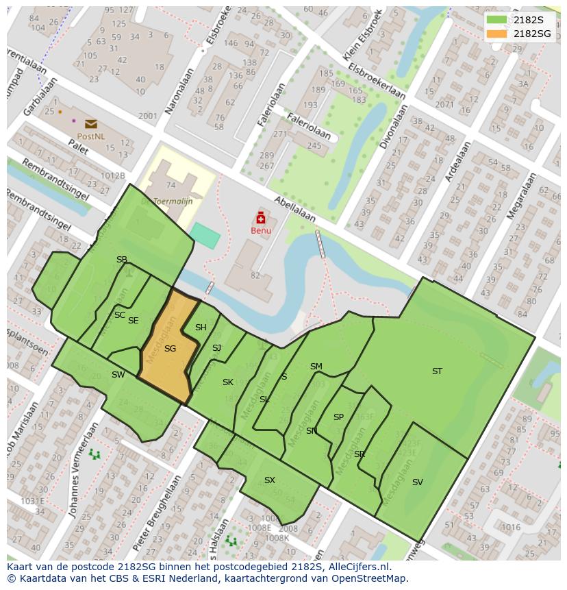 Afbeelding van het postcodegebied 2182 SG op de kaart.