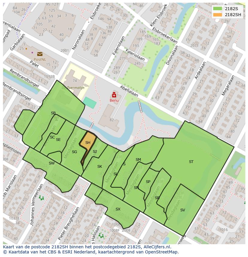 Afbeelding van het postcodegebied 2182 SH op de kaart.