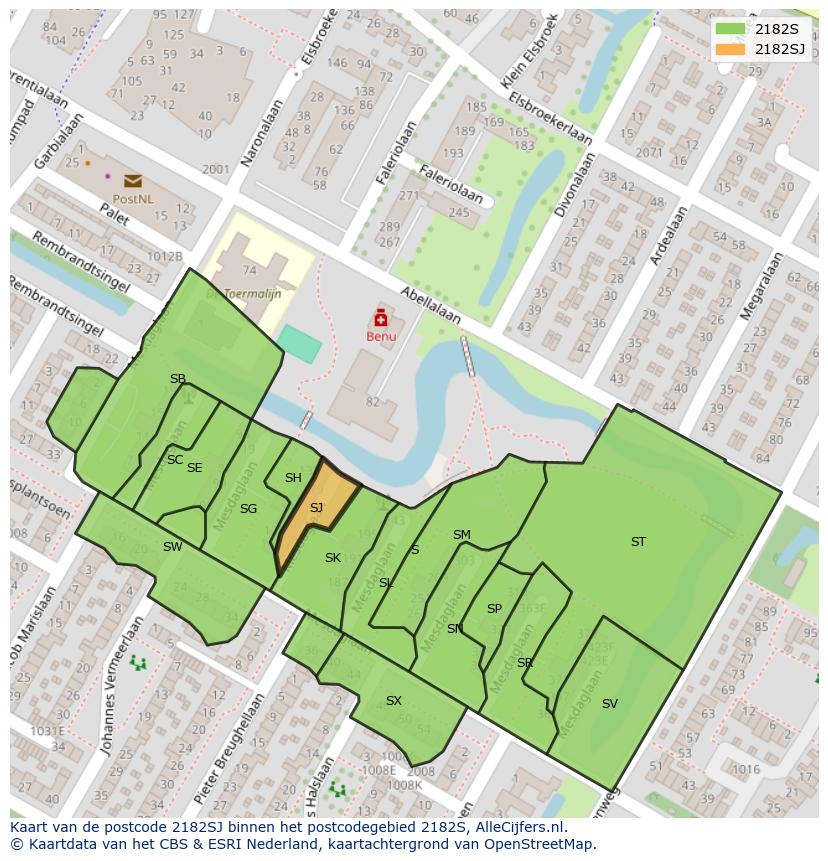 Afbeelding van het postcodegebied 2182 SJ op de kaart.