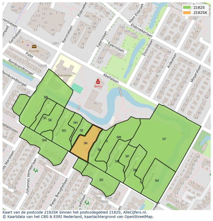 Afbeelding van het postcodegebied 2182 SK op de kaart.