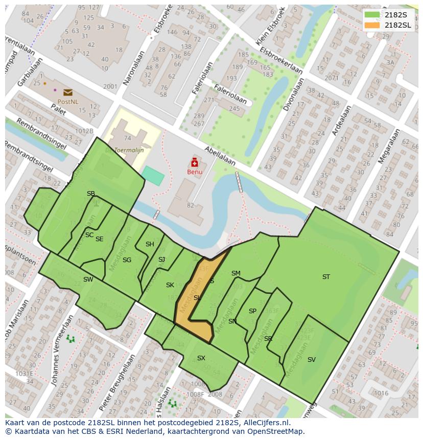 Afbeelding van het postcodegebied 2182 SL op de kaart.