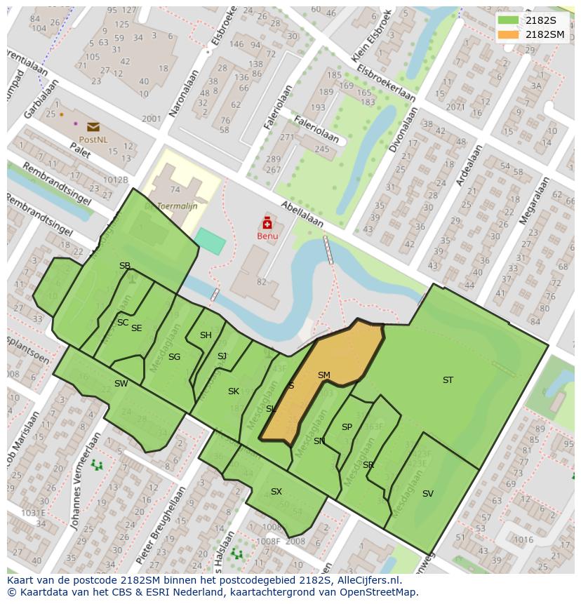 Afbeelding van het postcodegebied 2182 SM op de kaart.