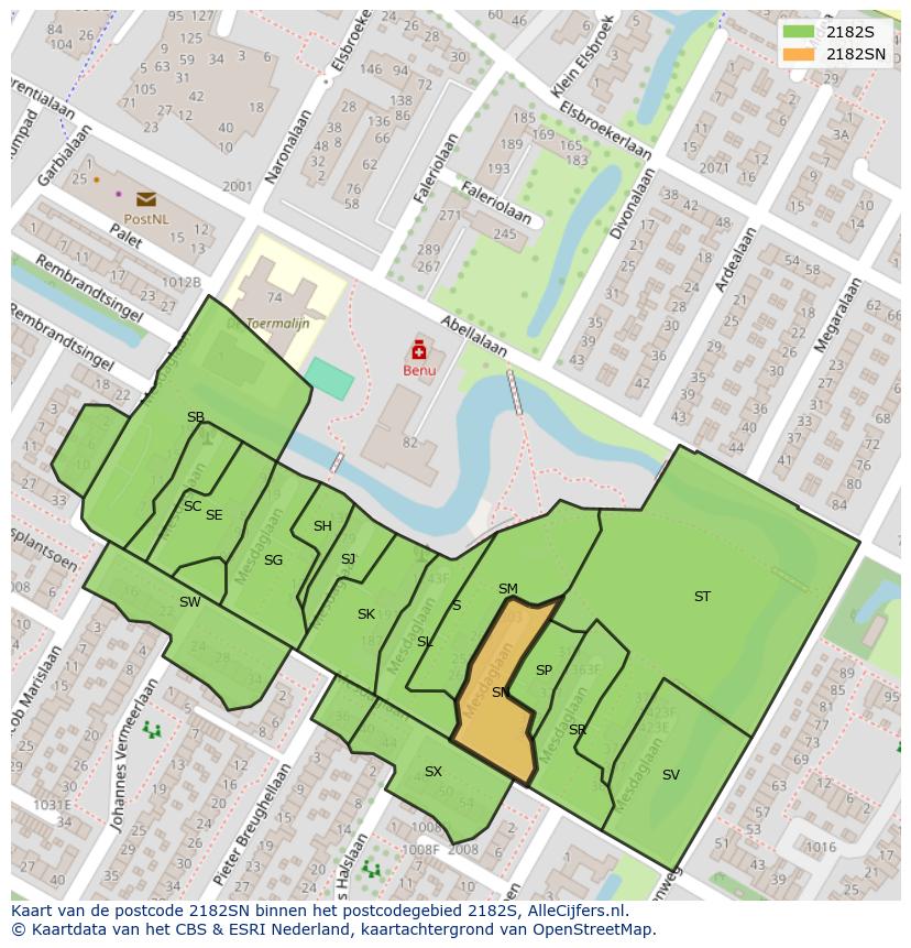 Afbeelding van het postcodegebied 2182 SN op de kaart.