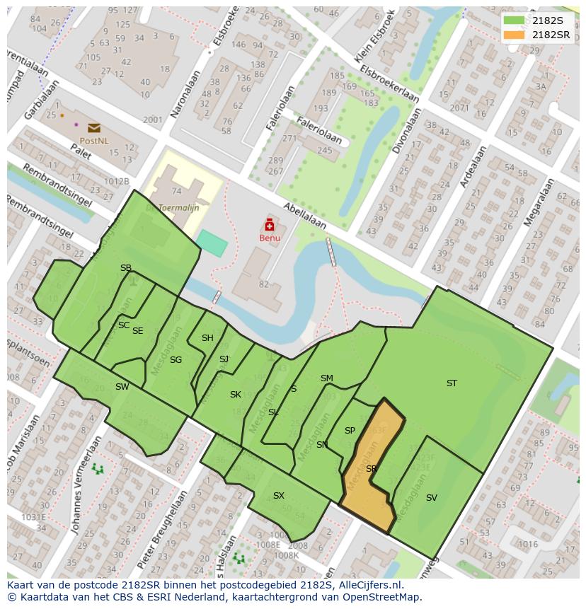 Afbeelding van het postcodegebied 2182 SR op de kaart.
