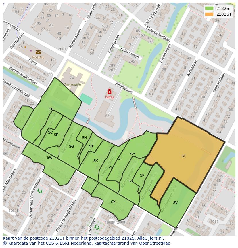 Afbeelding van het postcodegebied 2182 ST op de kaart.