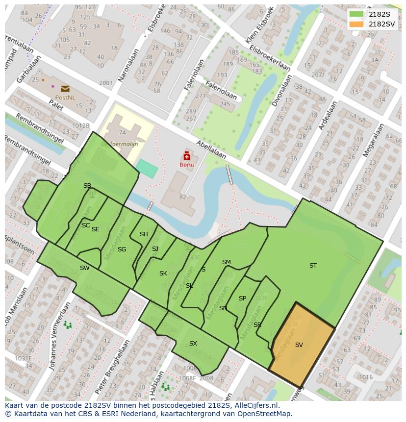 Afbeelding van het postcodegebied 2182 SV op de kaart.