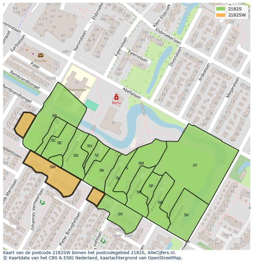 Afbeelding van het postcodegebied 2182 SW op de kaart.