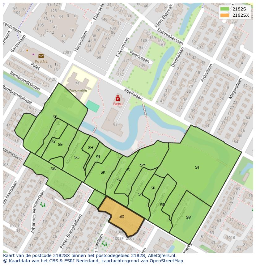 Afbeelding van het postcodegebied 2182 SX op de kaart.
