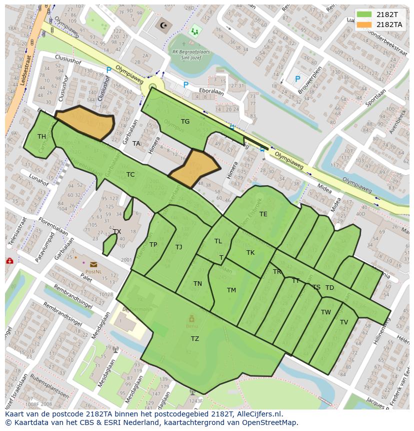 Afbeelding van het postcodegebied 2182 TA op de kaart.