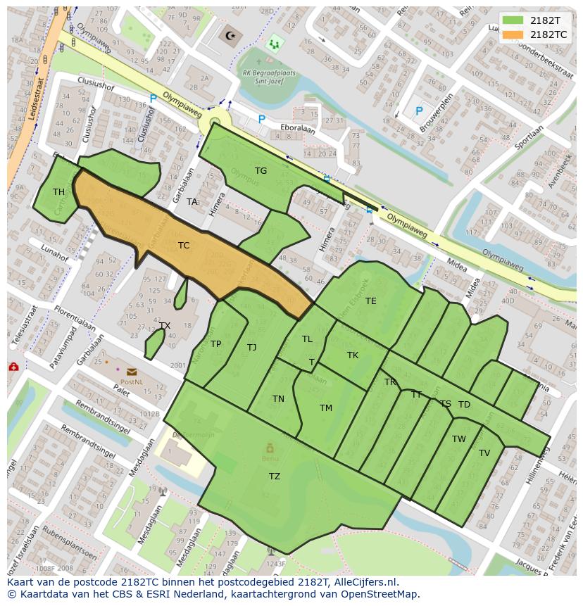 Afbeelding van het postcodegebied 2182 TC op de kaart.