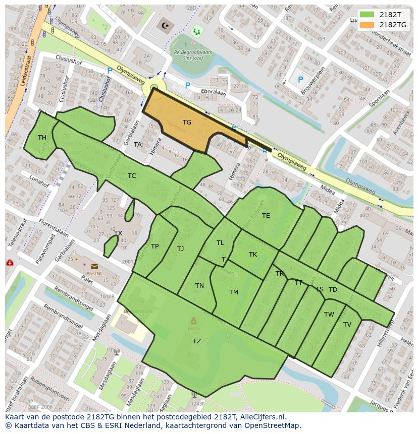 Afbeelding van het postcodegebied 2182 TG op de kaart.