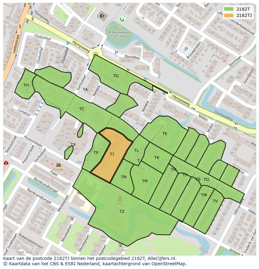 Afbeelding van het postcodegebied 2182 TJ op de kaart.