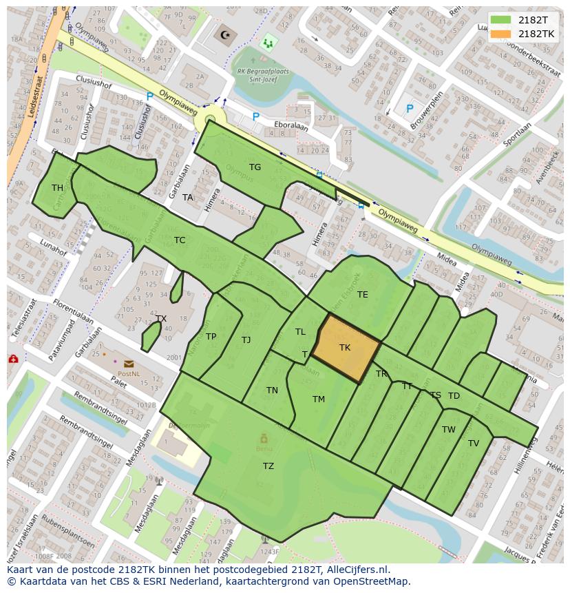 Afbeelding van het postcodegebied 2182 TK op de kaart.
