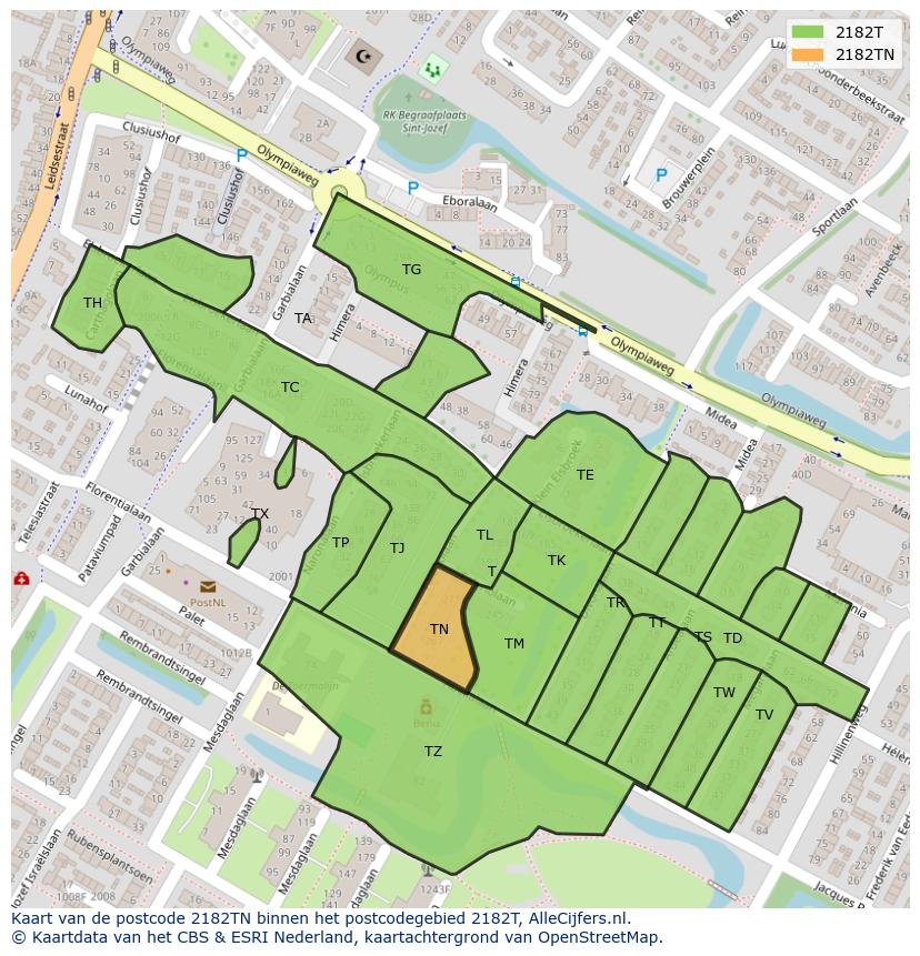 Afbeelding van het postcodegebied 2182 TN op de kaart.