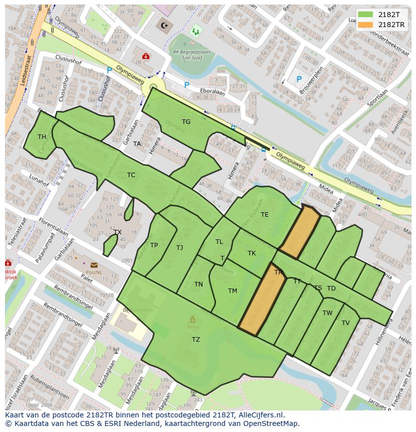 Afbeelding van het postcodegebied 2182 TR op de kaart.