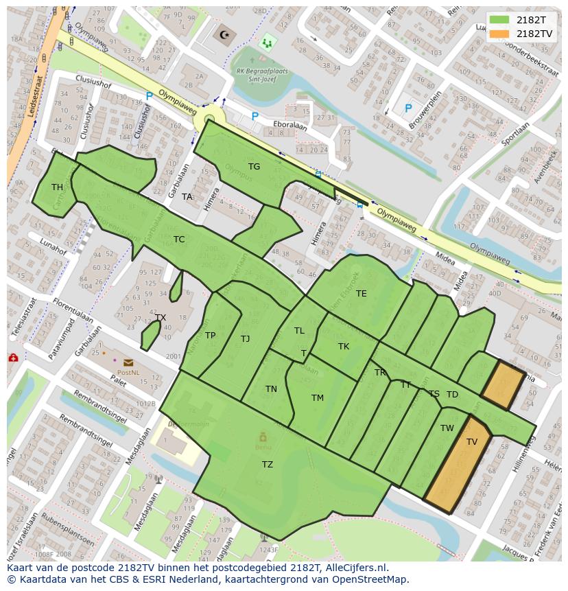 Afbeelding van het postcodegebied 2182 TV op de kaart.