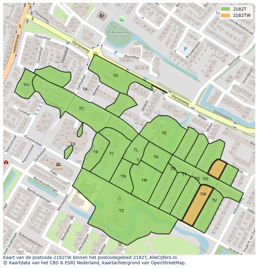 Afbeelding van het postcodegebied 2182 TW op de kaart.