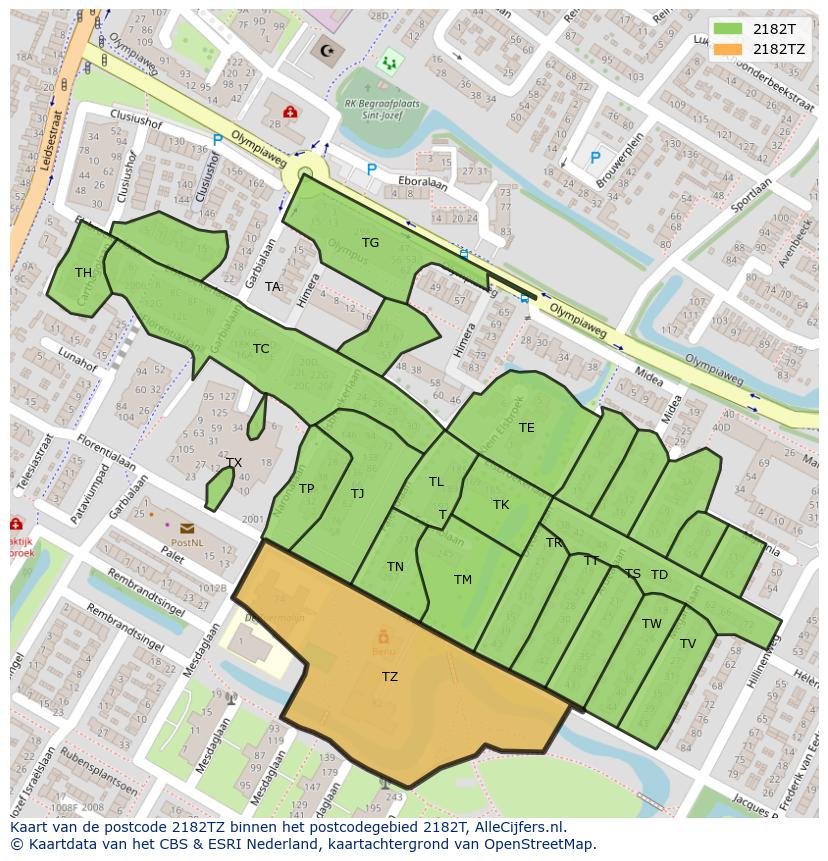 Afbeelding van het postcodegebied 2182 TZ op de kaart.