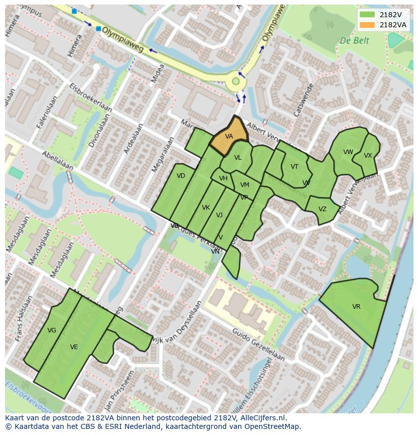 Afbeelding van het postcodegebied 2182 VA op de kaart.