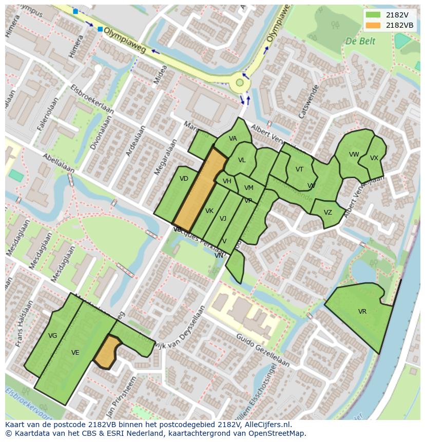 Afbeelding van het postcodegebied 2182 VB op de kaart.
